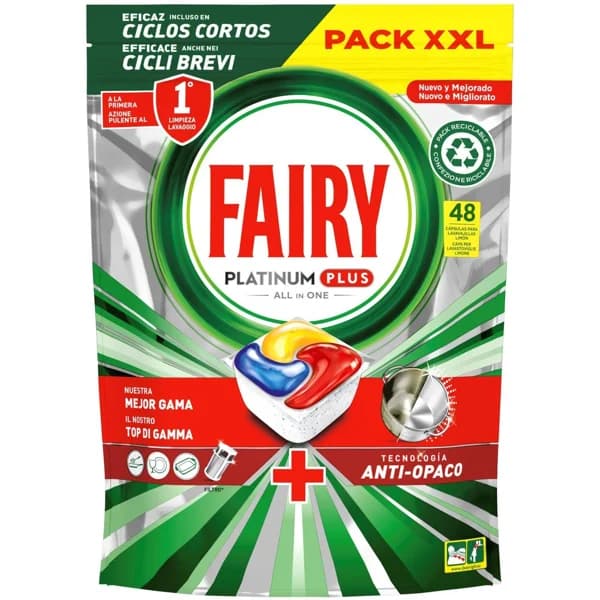 Lavavajillas máquina FAIRY PLATINUM PLUS, bolsa 48 dosis - 48 ud - Imagen del producto en Findit