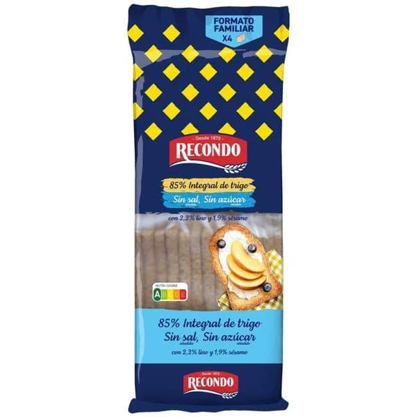 Pan tostado 85% integral s/ sal s/ azúcar RECONDO, paquete 540 g - 0.54 kg - Imagen del producto en Findit
