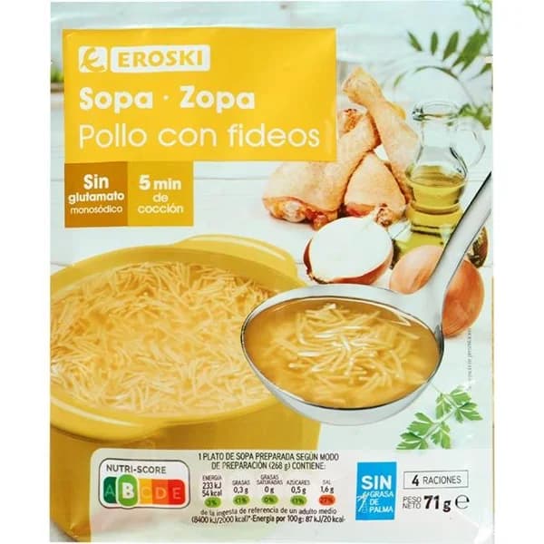 Sopa de pollo y fideos EROSKI, sobre 71 g - 0.07 kg - Imagen del producto en Findit