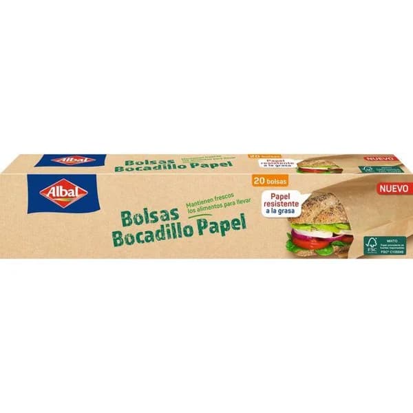 Bolsa de papel para bocadillo 1L ALBAL, caja 20 uds - 20 ud - Imagen del producto en Findit