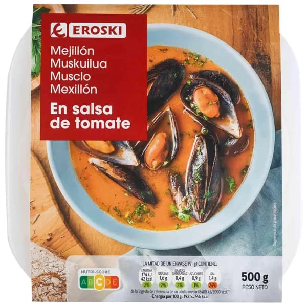 Mejillón cocido con salsa de tomate EROSKI, tarrina 500 g - 0.5 kg - Imagen del producto en Findit