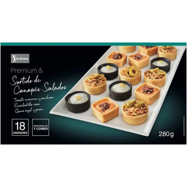 Surtido canapés ensaladilla, queso, anchoa LA SIRENA, caja 280 g - 1 ud - Imagen del producto en Findit