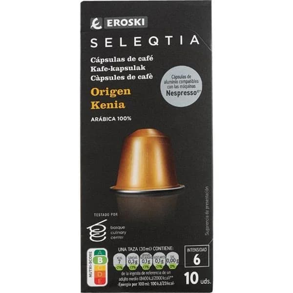 Café Kenya compatible Nespresso EROSKI SELEQTIA, caja 10 uds - 1 kg - Imagen del producto en Findit