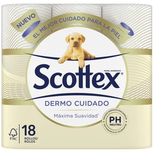 Papel higiénico dermo SCOTTEX, paquete 18 rollos - 18 ud - Imagen del producto en Findit