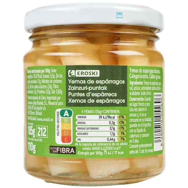 Yema de espárrago grueso EROSKI, frasco 110 g - 0.11 kg - Imagen del producto en Findit