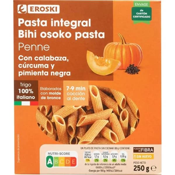 Pasta integral penne con calabaza y curcuma EROSKI, caja 250 g - 0.25 kg - Imagen del producto en Findit