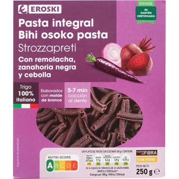 Pasta integral strozzapreti con remolacha EROSKI, caja 250 g - 0.25 kg - Imagen del producto en Findit