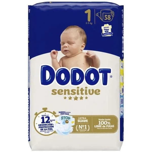 Pañal 2-5 kg Talla 1 DODOT SENSITIVE, paquete 58 uds - 58 ud - Imagen del producto en Findit