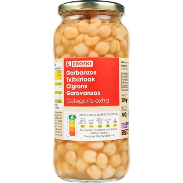 Garbanzo cocido EROSKI, frasco 400 g - 0.4 kg - Imagen del producto en Findit