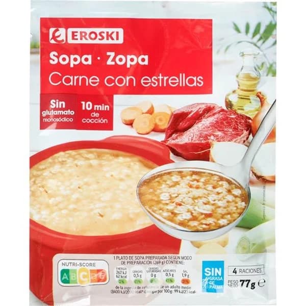 Sopa de carne con estrellas EROSKI, sobre 77 g - 0.08 kg - Imagen del producto en Findit