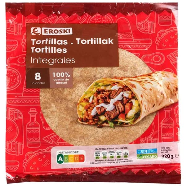 Tortilla integral EROSKI, paquete 320 g - 0.32 kg - Imagen del producto en Findit