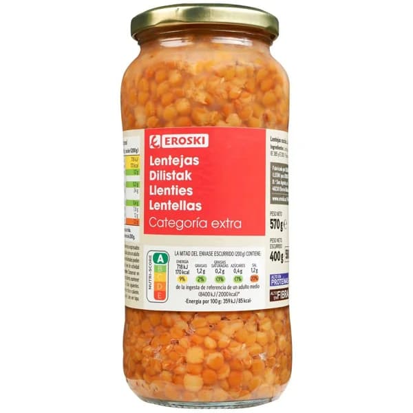 Lentejas cocidas EROSKI, frasco 400 g - 0.4 kg - Imagen del producto en Findit