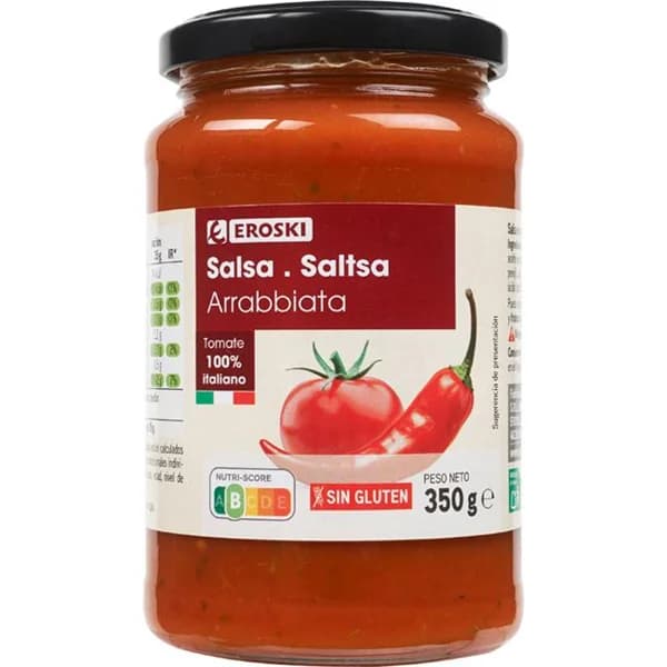 Salsa arrabbiata EROSKI, frasco 350 g - 0.35 kg - Imagen del producto en Findit