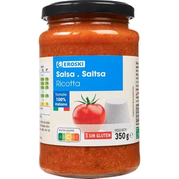 Salsa ricotta EROSKI, frasco 350 g - 0.35 kg - Imagen del producto en Findit