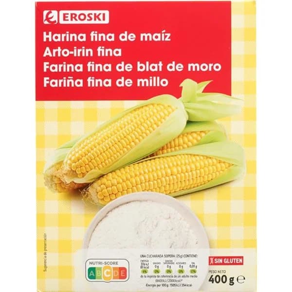 Harina fina de maíz EROSKI, caja 400 g - 0.4 kg - Imagen del producto en Findit