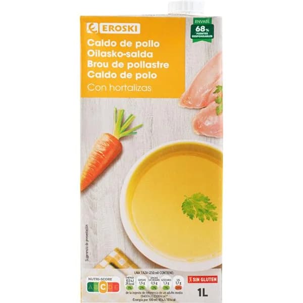 Caldo de pollo EROSKI, brik 1 litro - 1 l - Imagen del producto en Findit