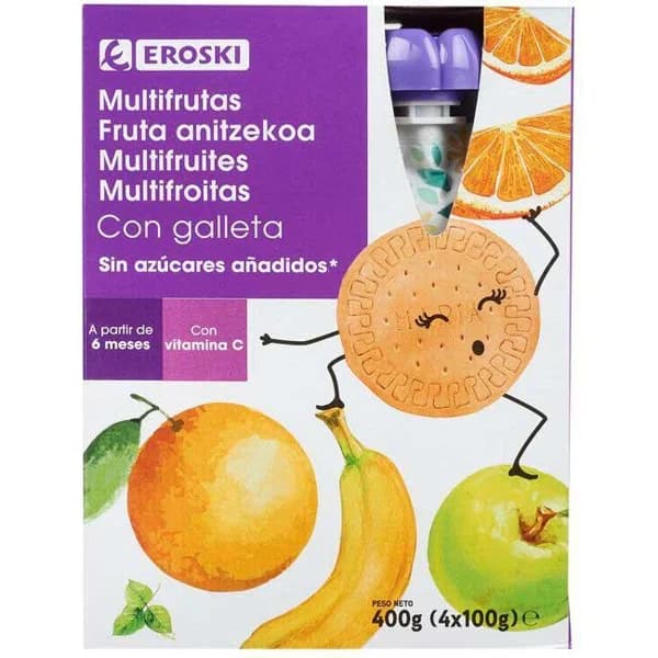Bolsita de frutas con galleta EROSKI, pack 4x100 g - 0.4 kg - Imagen del producto en Findit