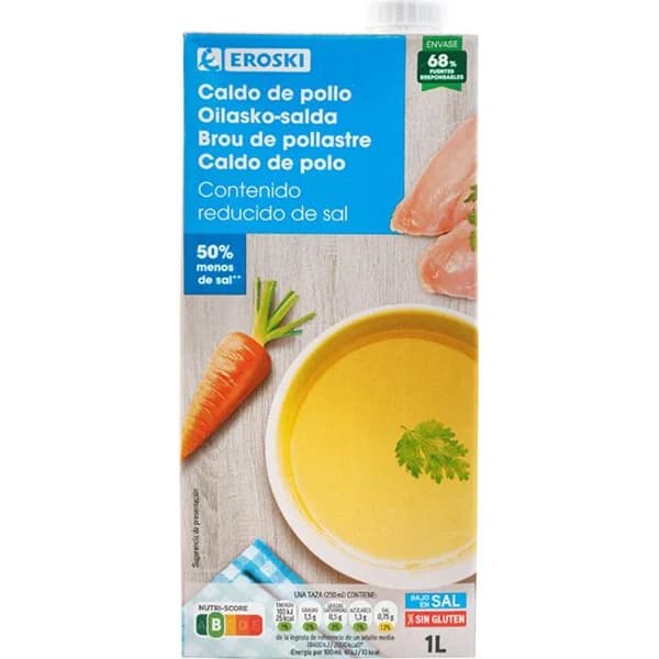 Caldo de pollo bajo en sal EROSKI, brik 1 litro - 1 l - Imagen del producto en Findit
