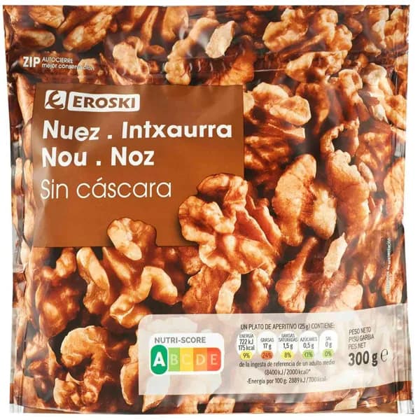 Nuez sin cáscara EROSKI, bolsa 300 g - 1 ud - Imagen del producto en Findit