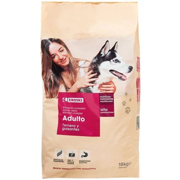 Alimento con ternera para perro EROSKI, saco 18 kg - 18 kg - Imagen del producto en Findit