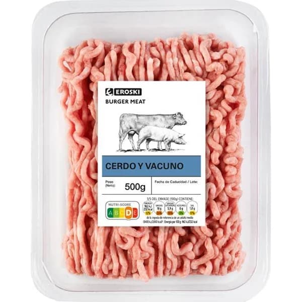 Picada de cerdo y vacuno burger meat EROSKI, bandeja 500 g - 0.5 kg - Imagen del producto en Findit