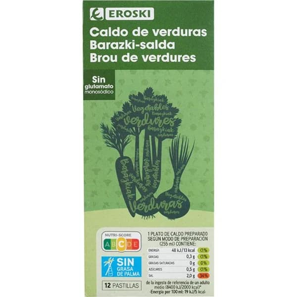 Caldo de verduras EROSKI, 12 pastillas, caja 120 g - 0.12 kg - Imagen del producto en Findit