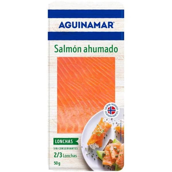 Salmón ahumado AGUINAMAR, bandeja 50 g - 0.05 kg - Imagen del producto en Findit