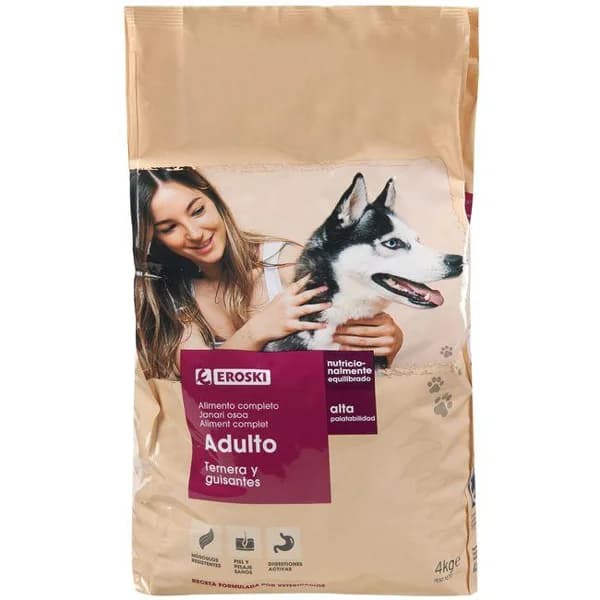 Alimento con ternera para perro EROSKI, saco 4 kg - 4 kg - Imagen del producto en Findit