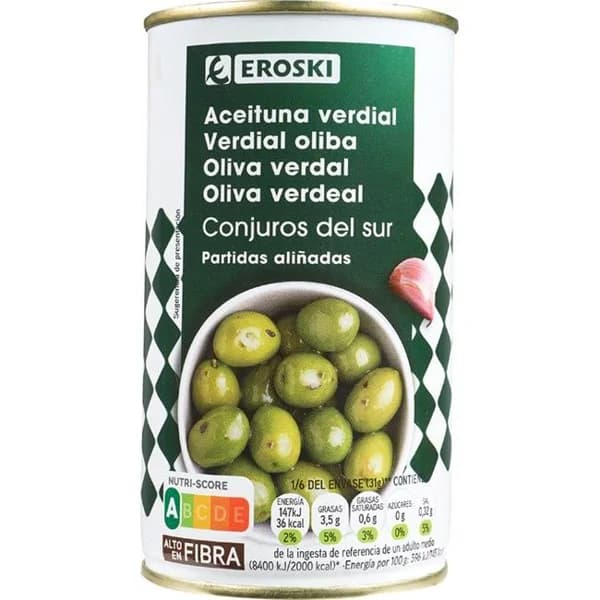 Aceituna verde Conjuros del Sur EROSKI, lata 185 g - 1 ud - Imagen del producto en Findit