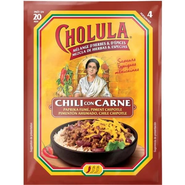 Sazonador para chili con carne CHOLULA, sobre 22 g - 0.02 kg - Imagen del producto en Findit