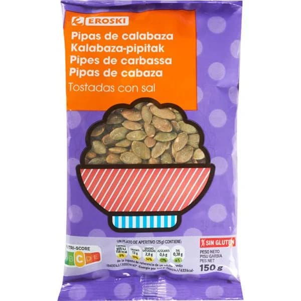 Pipa calabaza tostada con sal EROSKI, bolsa 150 g - 0.15 kg - Imagen del producto en Findit