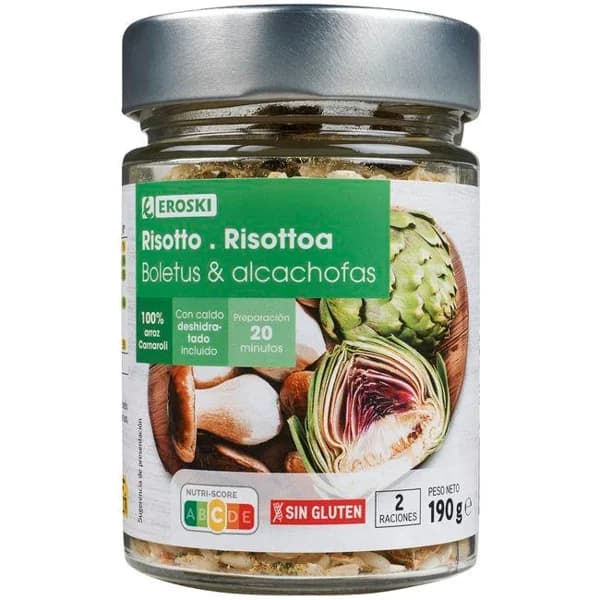 Risotto de boletus y alcachofas EROSKI, frasco 190 g - 0.19 kg - Imagen del producto en Findit