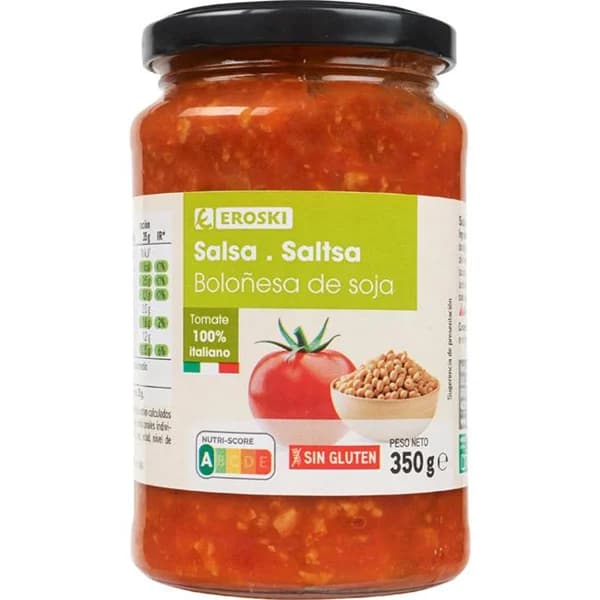 Salsa boloñesa vegetal EROSKI, frasco 350 g - 0.35 kg - Imagen del producto en Findit
