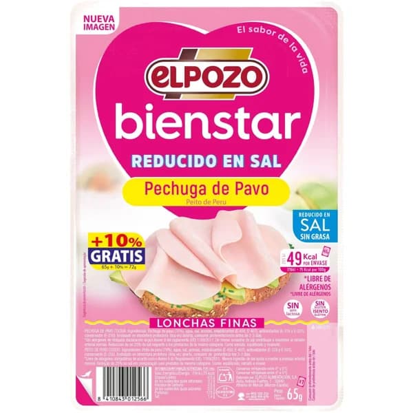 Pechuga de pavo bajo grasa-sal ELPOZO BIENESTAR, bandeja 65 g - 0.07 kg - Imagen del producto en Findit
