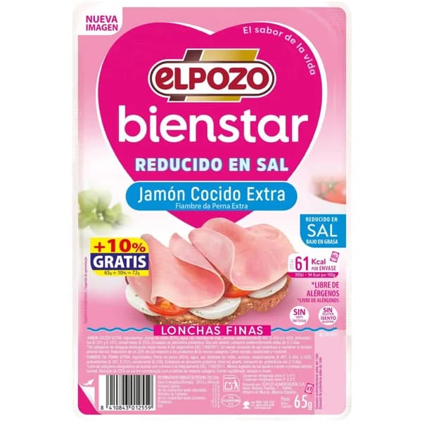 Jamón cocido bajo grasa-reducido en sal ELPOZO, bandeja 65 g - 0.07 kg - Imagen del producto en Findit