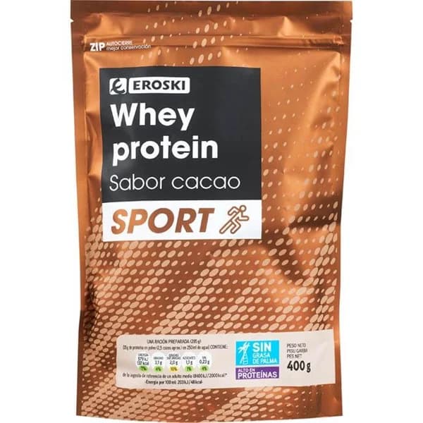 Whey protein sabor cacao EROSKI, bolsa 400 g - 0.4 kg - Imagen del producto en Findit
