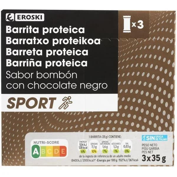 Barrita proteica sabor bombón low sugar EROSKI, caja 105 g - 0.11 kg - Imagen del producto en Findit