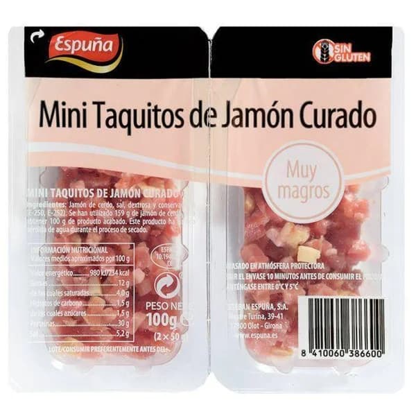 Mini taquitos de jamón curado ESPUÑA, bandeja 90 g - 1 ud - Imagen del producto en Findit