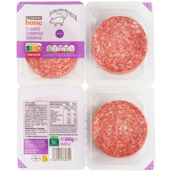 Salami extra EROSKI BASIC, pack 4x60 g - 1 ud - Imagen del producto en Findit