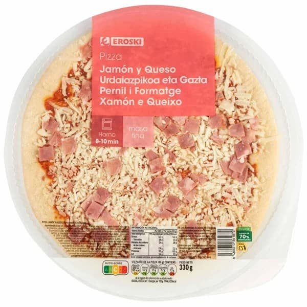 Pizza de jamón y queso EROSKI, 1 ud, 330 g - 0.33 kg - Imagen del producto en Findit