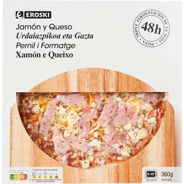 Pizza triple fermentación de jamón y queso EROSKI, caja 360 g - 0.36 kg - Imagen del producto en Findit