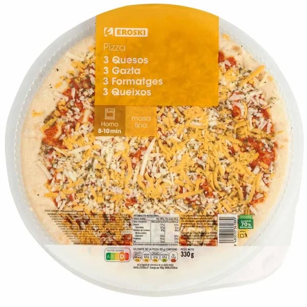 Pizza 3 quesos EROSKI, 1 ud, 330 g - 0.33 kg - Imagen del producto en Findit