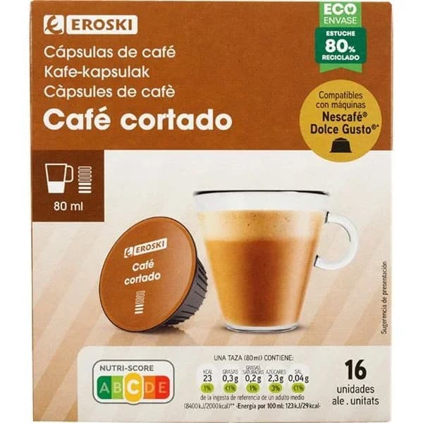 Café cortado compatible Dolce Gusto EROSKI, caja 16 uds - 16 ud - Imagen del producto en Findit