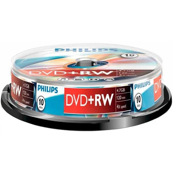 DVD+RW grabable, 4,7 GB, 120 minutos, 4x PHILIPS, Pack 10 uds - 1 ud - Imagen del producto en Findit