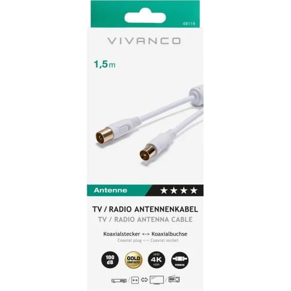 Conexión antena coaxial 100DB Ferrita 1.5M 48119 VIVANCO - 1 ud - Imagen del producto en Findit