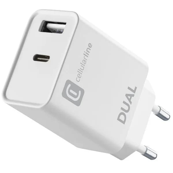 Cargador de red blanco 20 W puerto USB-C y USB-A, ACHIPHUSB2PD20WW CELLULAR LINE - 1 ud - Imagen del producto en Findit