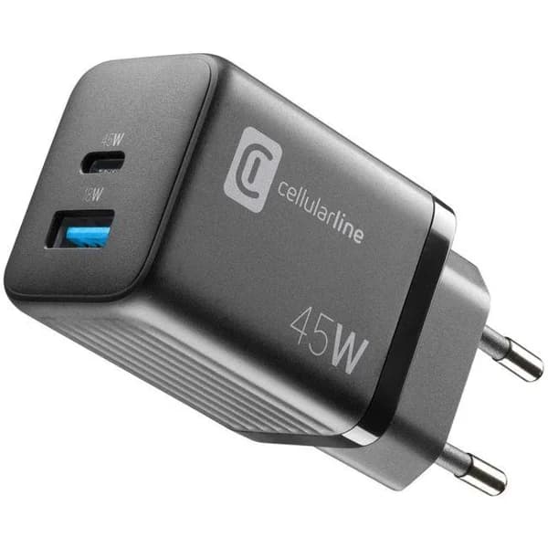 Cargador red Multipower negro: USB-C de 45W carga rápida y USB-A 18W CELLULAR LINE - 45 ud - Imagen del producto en Findit