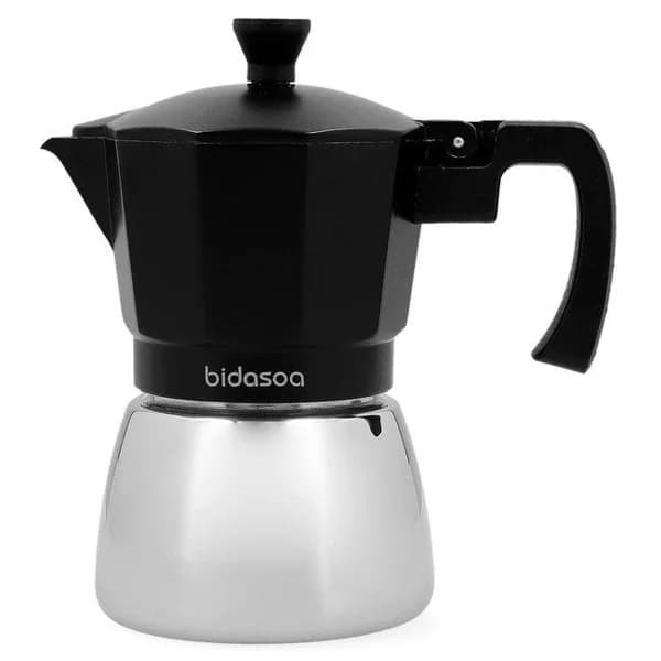 Cafetera italiana Tribeca, aluminio y acero inoxidable negro, apta para todo tipo de cocinas BIDASOA, 9 tazas - 1 ud - Imagen del producto en Findit