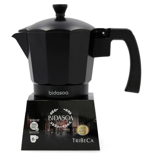Cafetera italiana Tribeca, aluminio y acero inoxidable negro, apta para todo tipo de cocinas BIDASOA, 6 tazas - 1 ud - Imagen del producto en Findit