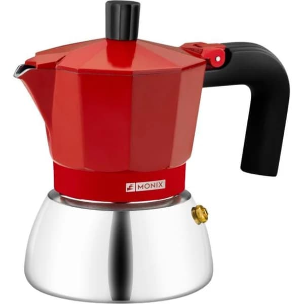 Cafetera Italiana roja Induction inox, tecnologia Bi-clad, mango termoresistente, apta para todo tipo de cocinas MONIX, 3 tazas - 1 ud - Imagen del producto en Findit